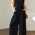 Margovil Square Collar Cami Crop Top Wide Leg Pants Cotton Linen Set