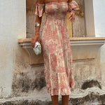 Off Shoulder Smocked Ruffle Tiered Printed Midi Dress