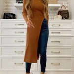 Maillard Turtleneck High Slit Ribbed Knit Dress