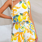 Abstract Print Bow Knot One Shoulder Crop Top Elastic Waist Shorts Set