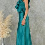 Ruffle One Shoulder Sleeveless Maxi Satin Dress