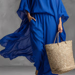 Women's Royal Blue Sheer Chiffon Jumpsuit With Off-the-Shoulder & Batwing Sleeves, Timeless Romantic-Boho Style Jumpsuit