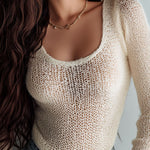 Chic Effortless Lightweight Cream Knit Scoop-Neck Sweater