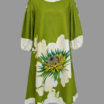 A-Line Loose Flower Print Pleated Round-Neck Mini Dresses