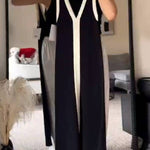 Color-Blocked Deep V-Neck Strappy Maxi Dress