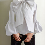 Loose Puff Sleeves Bowknot Solid Color Split-Joint Stand Collar Blouses&Shirts Tops