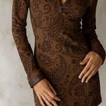Vintage Zipper Paisley Jacquard Mini Dress With Leather Trim