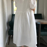 Original Loose Solid Color Pleated Puff Sleeves Midi Dress