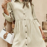 Textured Roll-Up Sleeve Button Front Dress