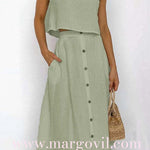 Margovil Sleeveless Crop Top and Button Down Skirt Cotton Linen Two Pieces
