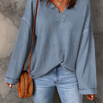 Dusk Blue Waffle Split V Neck Drop Shoulder Long Sleeve Top