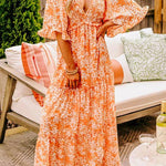 Orange Floral Print Smocked V Neck Bell Sleeve Maxi Dress