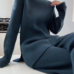Urban Loose Solid Round-Neck Split-Side Sweater& Wide Leg Pants Suits