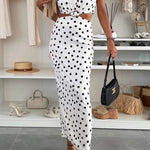 Roxane Polka Dot Print Shoulder Pad Metal Cutout Waist Slit Stretch Maxi Dress