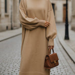 Long Sleeves Loose Solid Color High Neck Midi Dresses Sweater Dresses