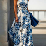 A-Line High Waisted Contrast Color Flower Print Pleated Halter-Neck Maxi Dresses