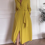 A-Line Long Sleeves Buttoned Pleated Pockets Solid Color Tied Waist V-Neck Maxi Dresses