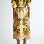 Flower Vine Linen Blend Unique Print Twist Cutout Neck Puff Sleeve Midi Dress