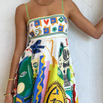Joyful Glow Goddess Linen Blend Unique Print Pocketed Smocked Back Midi Dress