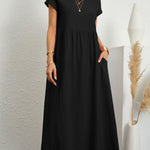 Loose Short Sleeves Pleated Solid Color Round-Neck Midi Dresses