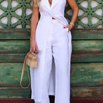 Savina Linen Blend Lapel Midi Vest and Pocketed Wide Leg Pants Set