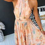 Halter Neck Open Back Waisted Watercolor Print Maxi Dress