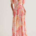 V Neck Puff Sleeves Ruched Waist Printed Maxi Dress