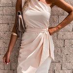 Margovil One Shoulder Sleeveless Tie Waist Ruched Dress