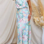 Margovil Irregular Tie Neck Waisted Floral Printed Maxi Satin Dress