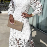 Margovil Mockneck Puff Sleeves Lace Hollow Out Mid Dress