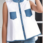 A-Line High-Low Buttoned Contrast Color Pockets Mock Neck Tank Top