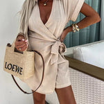 Relaxing Beach Linen Blend Solid Color Wrap Loose Shirt Romper