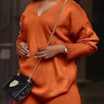 Long Sleeves Loose Solid Color V-Neck Pullovers