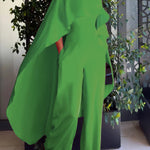 Cape Loose Pockets Solid Color Round-Neck Jumpsuits