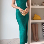 Draped Fringe Sleeveless One Shoulder Slit Fringe Maxi Party Dress