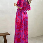 Rose Abstract Floral Print V Neck Dolman Maxi Dress
