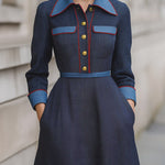 A-Line High Waisted Buttoned Pockets Solid Color Split-Joint Lapel Midi Dresses