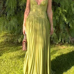 Margovil Halter Neck Back Lace-up Pleated Maxi Dress