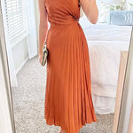 One Shoulder Sleeveless Pleated Satin Maxi Dress