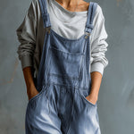 Casual Retro Washed Denim Blue Pocket Overalls