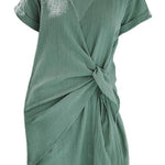 Margovil Solid Cross V Neck Tie Wrap Dress