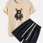 Bear In Leather Jacket Print T-Shirt & Textured Shorts