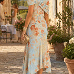 Margovil Off Shoulder Floral Print Irregular Hem Midi Dress