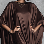 Women's Luxurious Brown Acetate Satin Loose-fitting Long Robe Dress