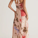 V Neck Halter Back Lace-up Floral Print Maxi Dress