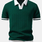 Texture Contrast Knitted V Neck Polo Shirt & Straight Leg Ribbed Pants