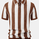 Striped Eyelet Knit Zip Up Polo Shirt & Straight Leg Linen Pants