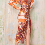 Margovil V Neck Long Sleeves Ruched Slit Printed Midi Dress