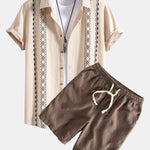 Geometric Print Linen Look Shirt & Linen Cotton Blend Drawstring Shorts