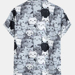 Cartoon Cat Print Button Up Shirt & Drawstring Swim Shorts